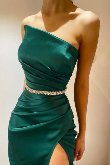 Dark Green Ruched Satin Long Prom Dress with Glitter Straps Side Slit Party Dress-newarrivaldress
