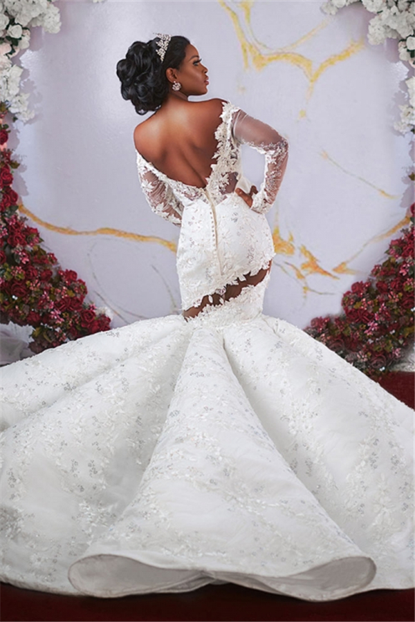 Luxurious Off-the-shoulder Long Sleeves Mermaid Ruffles Appliqued Beading Wedding Dresses-newarrivaldress