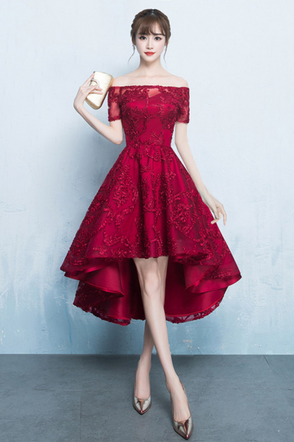 A-line Hi-lo Off-the-shoulder Short Sleeves Appliques Homecoming/Cocktail Dresses-newarrivaldress