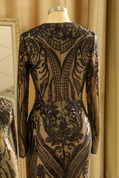 Luxury Crew Neck Black Sequined Mermaid Prom Dress with Detachable Train Long Sleeves-newarrivaldress