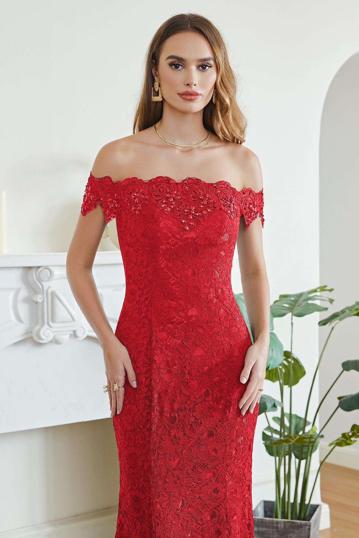 Crystal Beaded Red Mermaid Evening Dresses Off the Shoulder Prom Party Dress