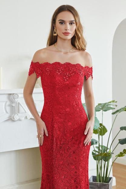 Crystal Beaded Red Mermaid Evening Dresses Off the Shoulder Prom Party Dress
