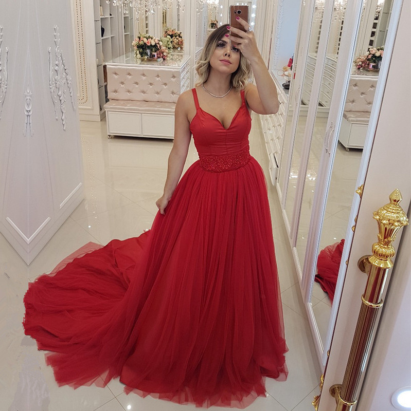 Sexy Red V-Neck Evening Dress | 2021 Mermaid Tulle Prom Dress-newarrivaldress