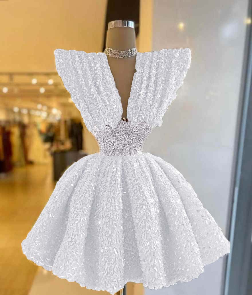 V Neck Sleeveless A Line Short Prom Dress With Pleated Sequins