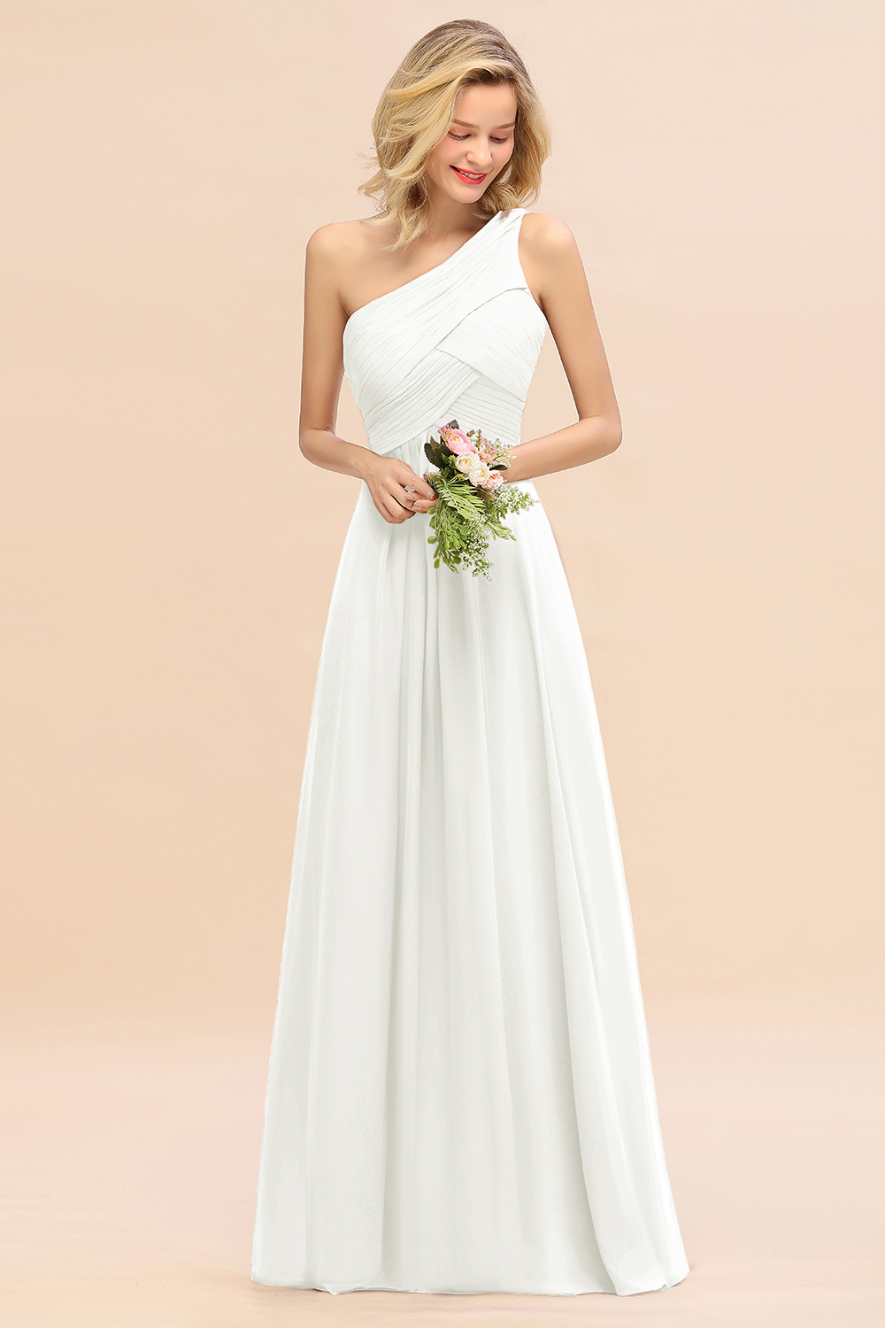 Elegant Ruched Chiffon One Shoulder Bridesmaid Dress Long Sleeveless Evening Dress-newarrivaldress