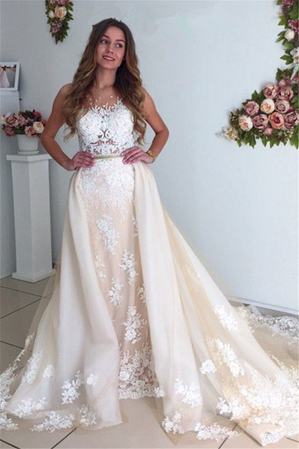 Gorgeous Mermaid Lace Detachable Cathedral Train Tulle Wedding Dresses Online-newarrivaldress