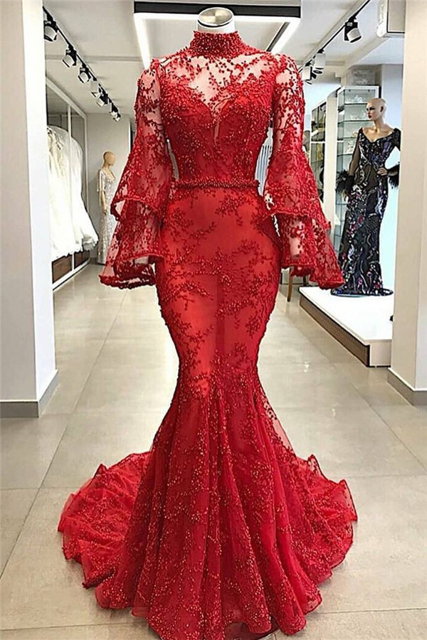 High Neck Long Sleeve Mermaid Appliques Chapel Train Prom Dresses with Beads-newarrivaldress