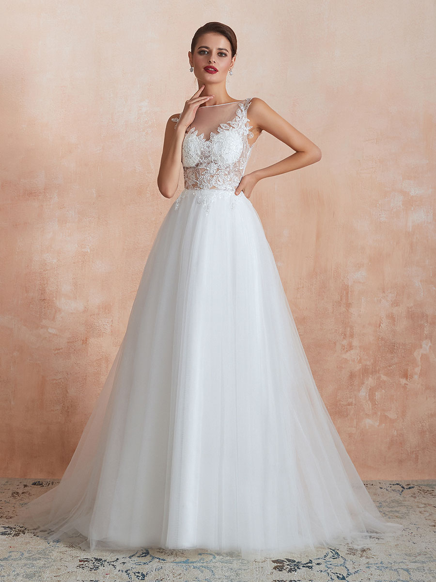 Wedding Dress 2021 A Line Sleeveless Lace Floor Length Tulle Bridal Gowns With Train-newarrivaldress