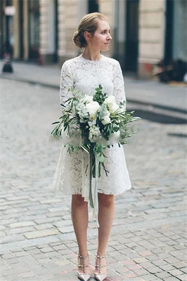 Long Sleeve Lace White Short Wedding Dresses | Chic A-line Short Bridal Gowns-newarrivaldress