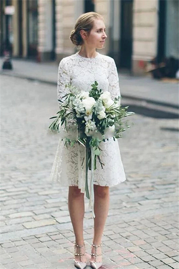 Long Sleeve Lace White Short Wedding Dresses | Chic A-line Short Bridal Gowns-newarrivaldress