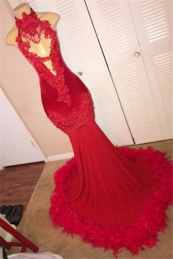 Sexy Mermaid Red Prom Dresses with Feather | Sleeveless Lace Appliques Prom Gowns on Mannequins-newarrivaldress