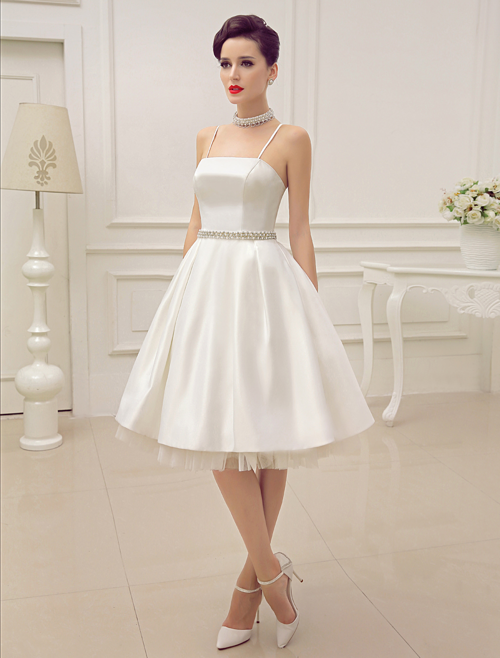 Vintage Spaghetti Straps Backless Satin Short Wedding Dress With Pearls At Waist Exclusive-newarrivaldress