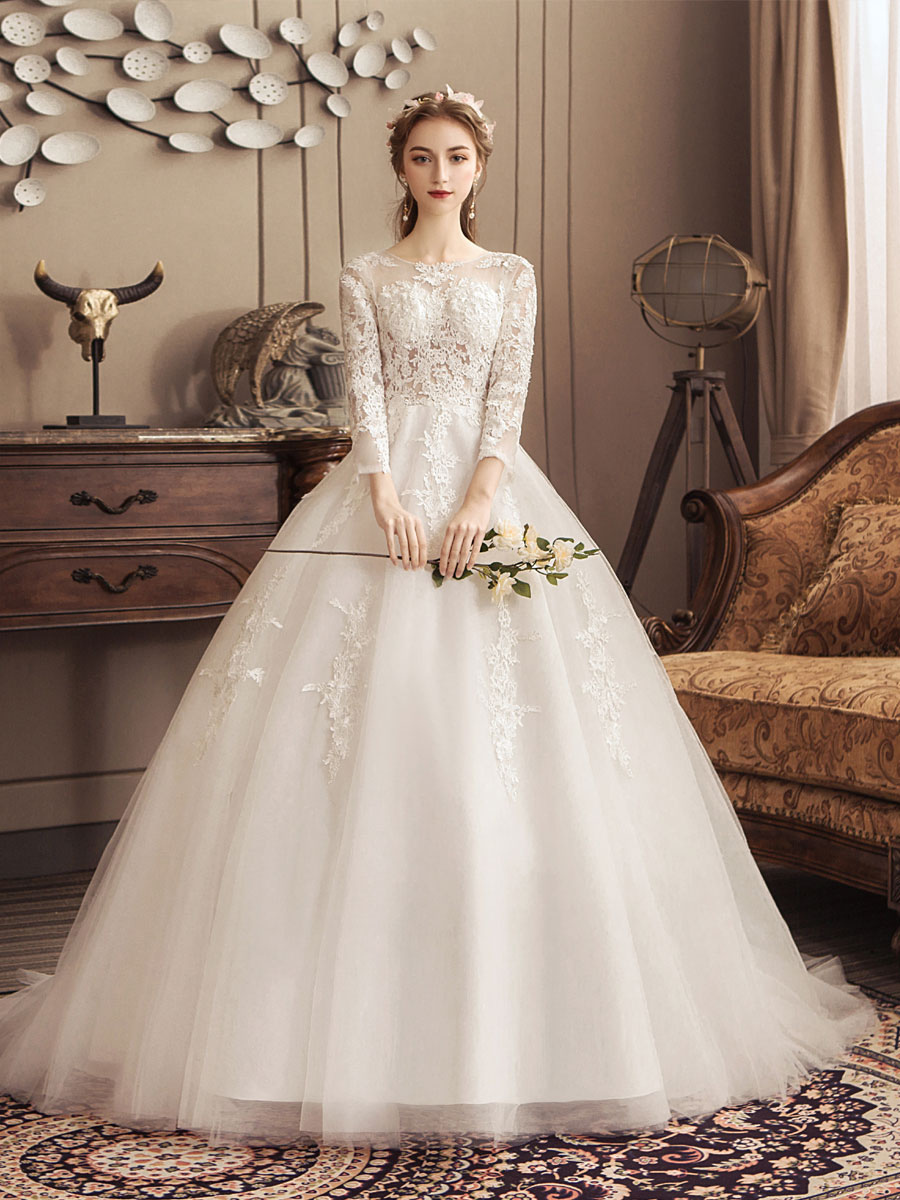 Ivory Wedding Dresses Lace Applique Jewel Neck 3/4 Length Sleeve Princess Bridal Gown With Train-newarrivaldress