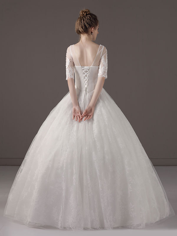 Wedding Dresses Princess Ball Gown Ivory Half Sleeve V Neck Lace Beaded Floor Length Bridal Dress-newarrivaldress