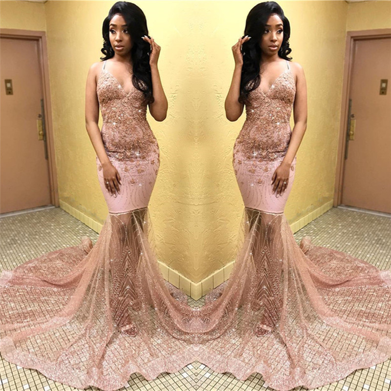 Sexy Pink Sleeveless Spaghetti Straps Tulle Appliques Mermaid Prom Dresses-newarrivaldress