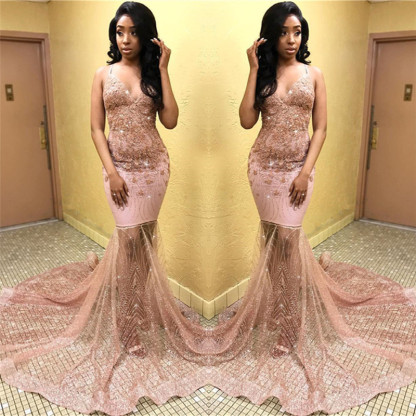 Sexy Pink Sleeveless Spaghetti Straps Tulle Appliques Mermaid Prom Dresses-newarrivaldress