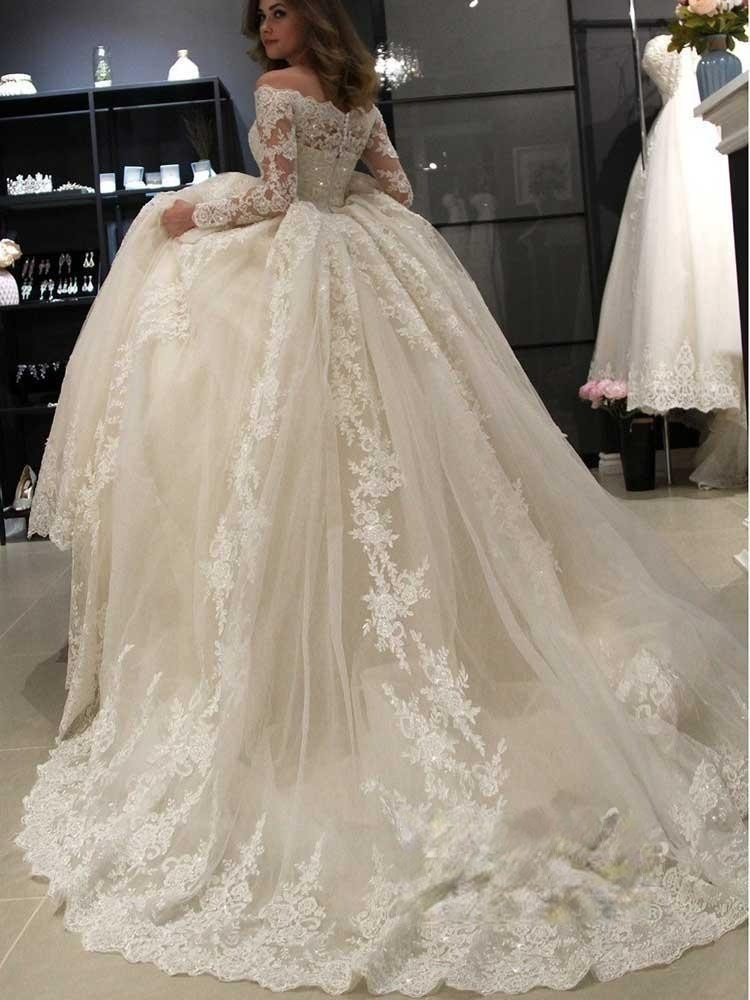 Gorgeous Off Shoulder Long Sleeves ALine Ball Gown Floral Appliques Bridal Dress-newarrivaldress