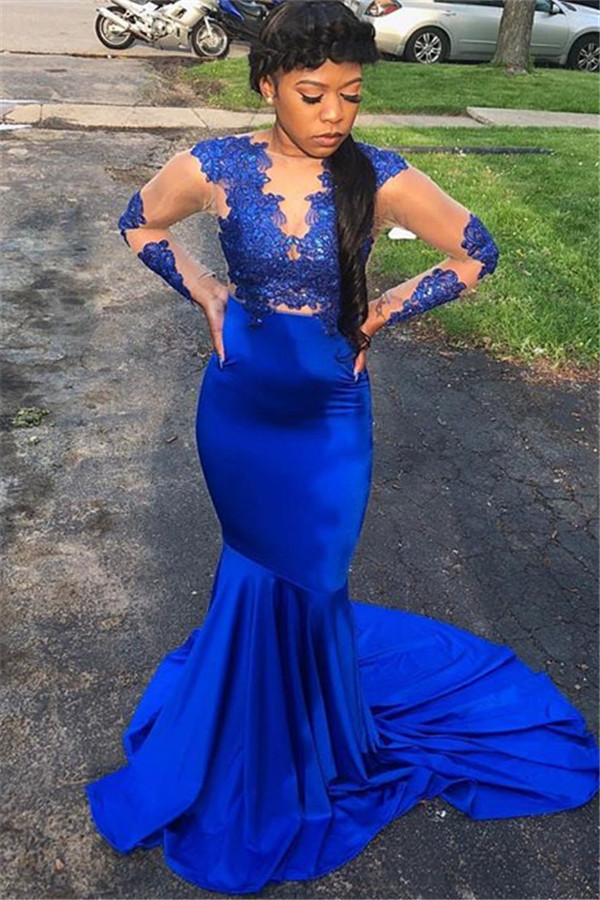 Royal Blue Long-Sleeves Appliques Sheer Tulle Sexy Mermaid Evening Gown-newarrivaldress