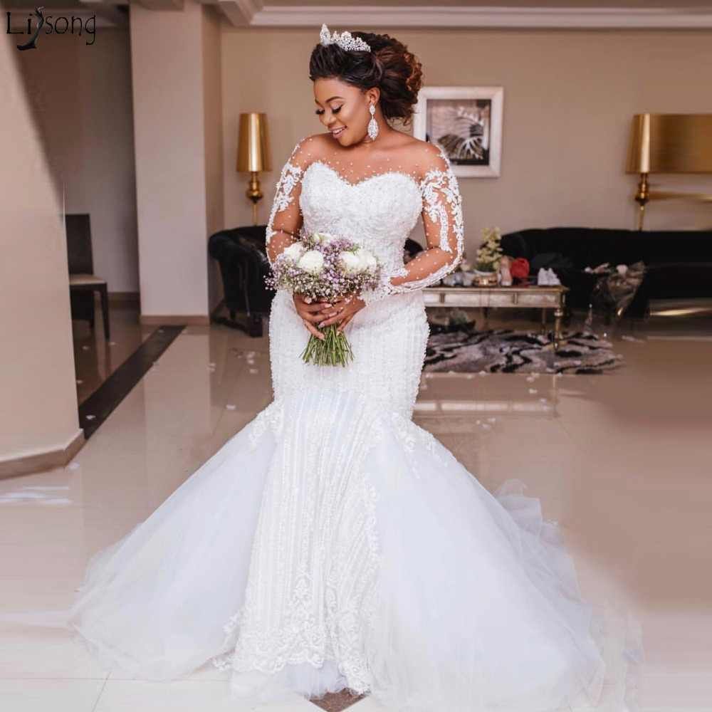 Sexy Sheer Tulle Mermaid Lace Wedding Dresses | Long Sleeve Appliques Bridal Dresses
