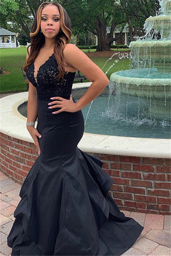Black Straps Lace Appliques Sleeveless Ruffle Mermaid Prom Dresses-newarrivaldress