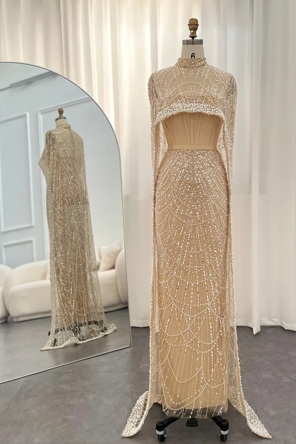 Gorgeous Sparkle Sequins Mermaid Evening Gown See-Through Party Dress with Pearls Cape-newarrivaldress