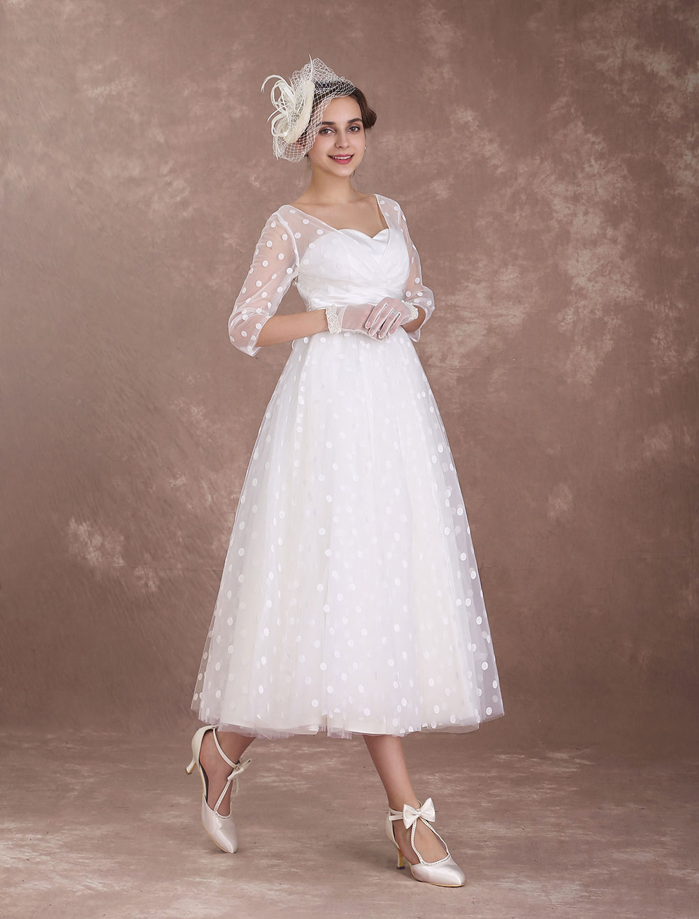 Vintage Wedding Dress Short 1950'S Bridal Dresses Ivory Long Sleeve Open Back Polka Dot Ribbon Sash Wedding Reception Dress Exclusive-newarrivaldress