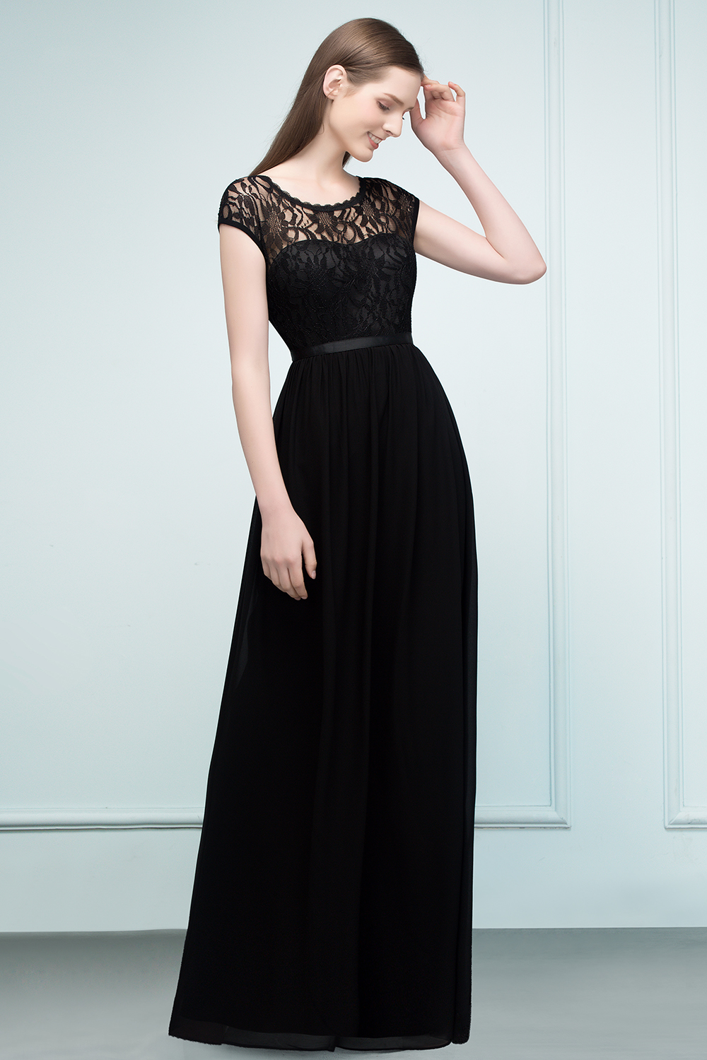 REESE | A-line Floor Length Short Sleeves Lace Bridesmaid Dresses with Sash-newarrivaldress