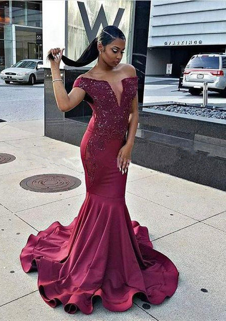 Modern Burgundy Beads Mermaid Prom Dress | Cap Sleeve Prom Dress BA8541-newarrivaldress