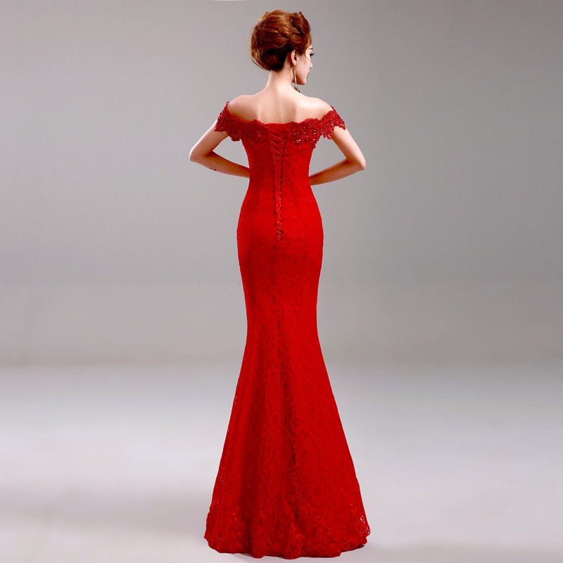 Crystal Beaded Red Mermaid Evening Dresses Off the Shoulder Prom Party Dress