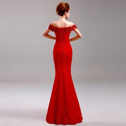 Crystal Beaded Red Mermaid Evening Dresses Off the Shoulder Prom Party Dress