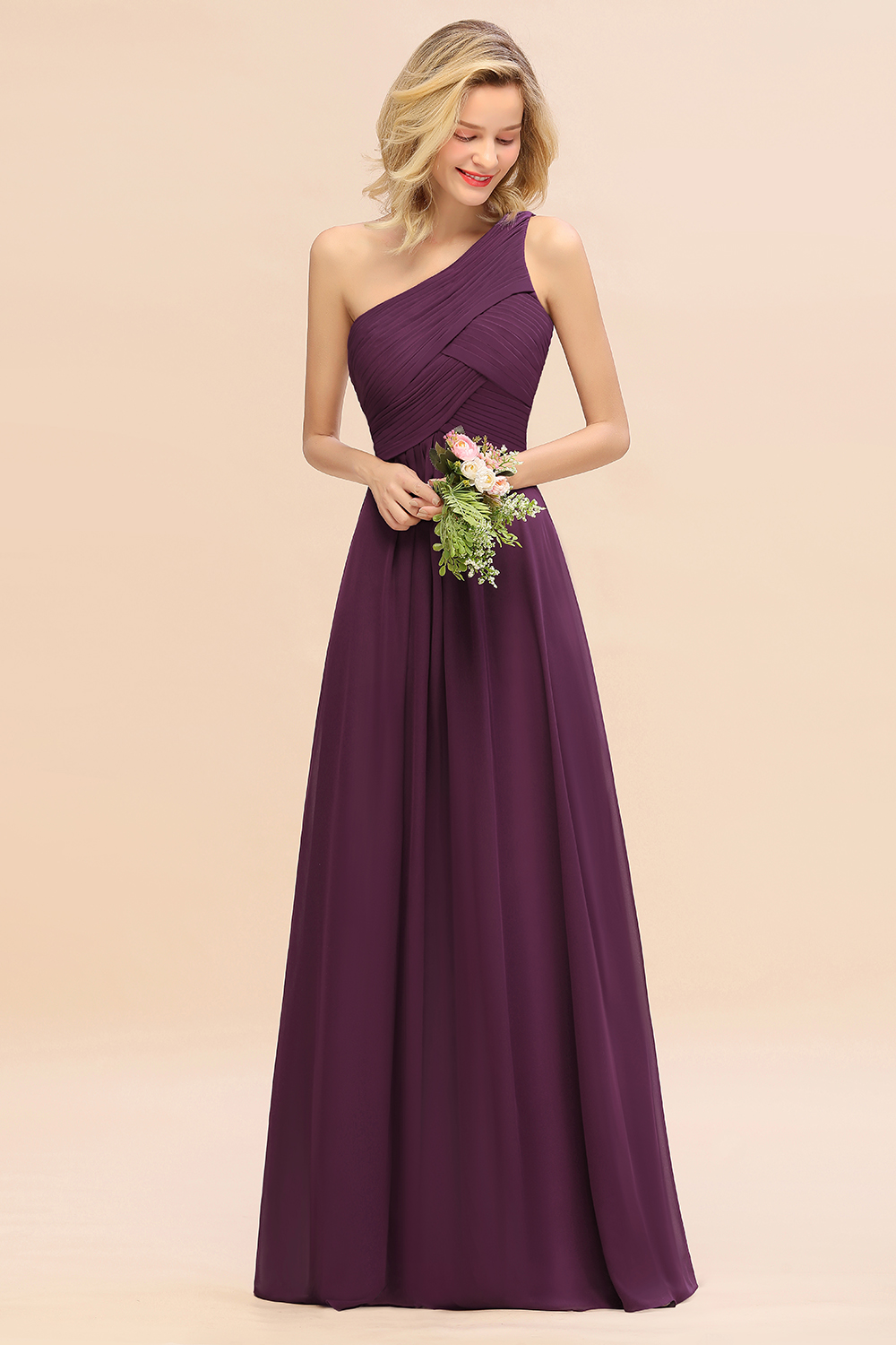 Elegant Ruched Chiffon One Shoulder Bridesmaid Dress Long Sleeveless Evening Dress-newarrivaldress