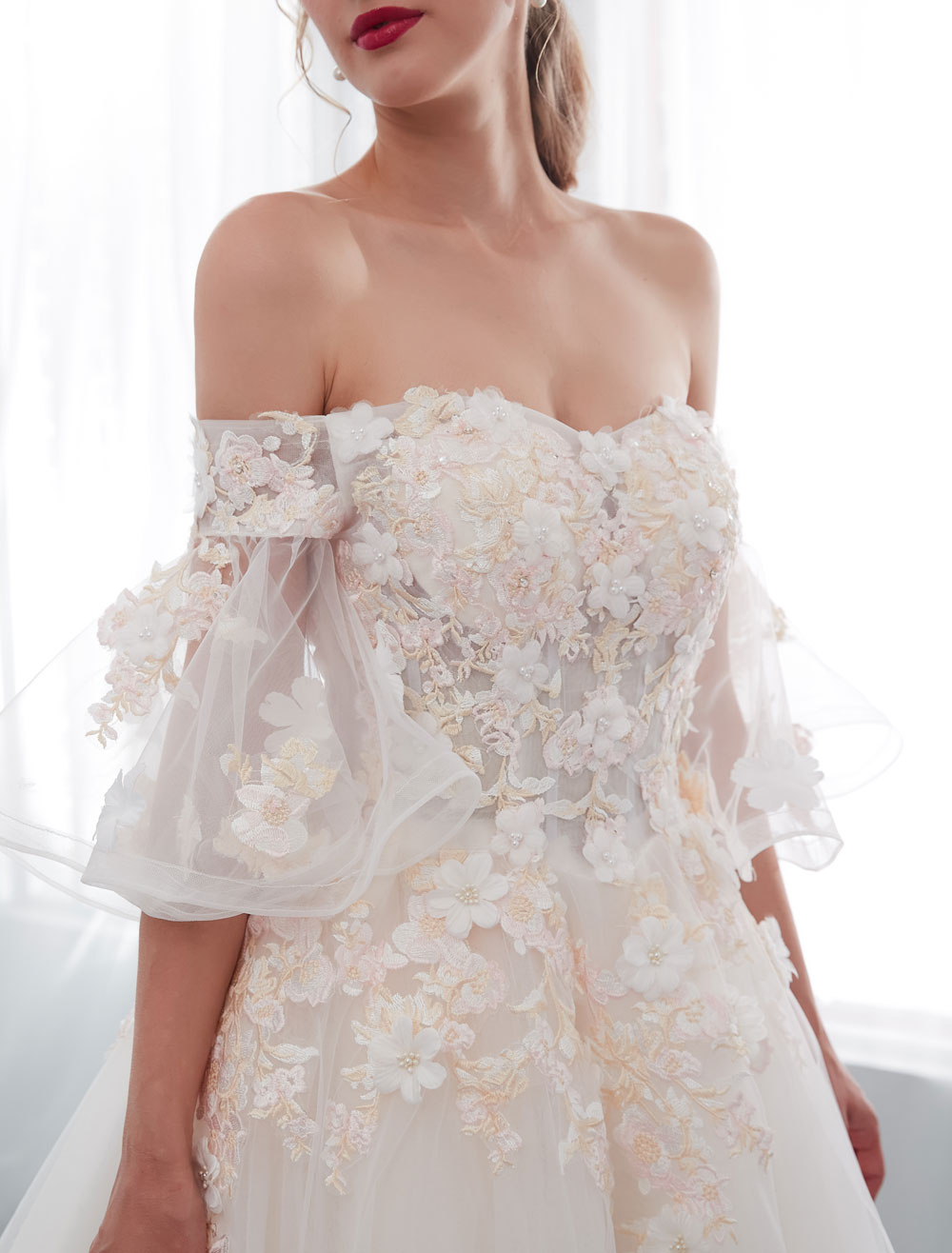 Princess Wedding Dresses Half Sleeve Off Shoulder Lace Flowers Pearls Applique Ivory Bridal Dress With Train-newarrivaldress