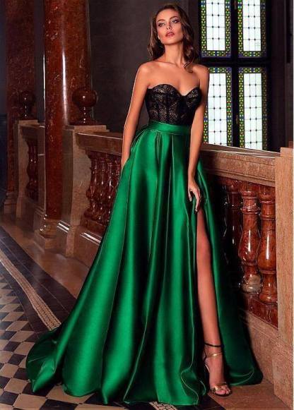 Charming Sweetheart Sleeveless Satin Evening Dress Black Lace Prom Dress Side Slit-newarrivaldress
