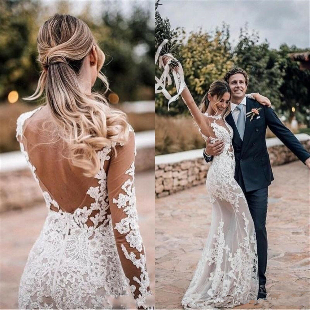 See Through Lace Beach Wedding Dresses Simple | Close-fitting Long Sleeve Outdoor Bridal Gowns-newarrivaldress