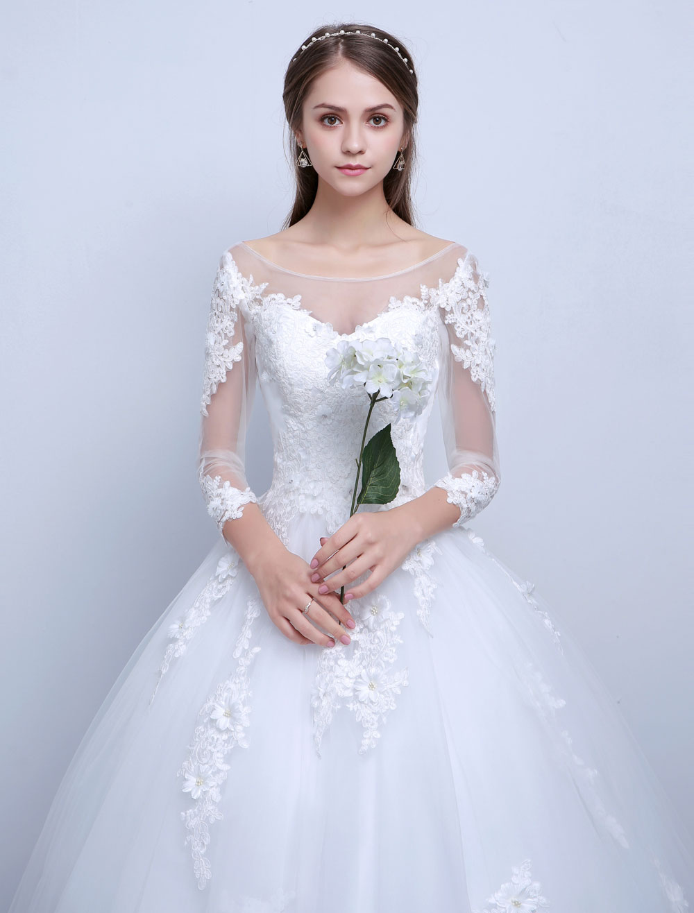 Princess Ball Gown Wedding Dresses Long Sleeve Lace Illusion Ivory Floor Length Bridal Dress-newarrivaldress