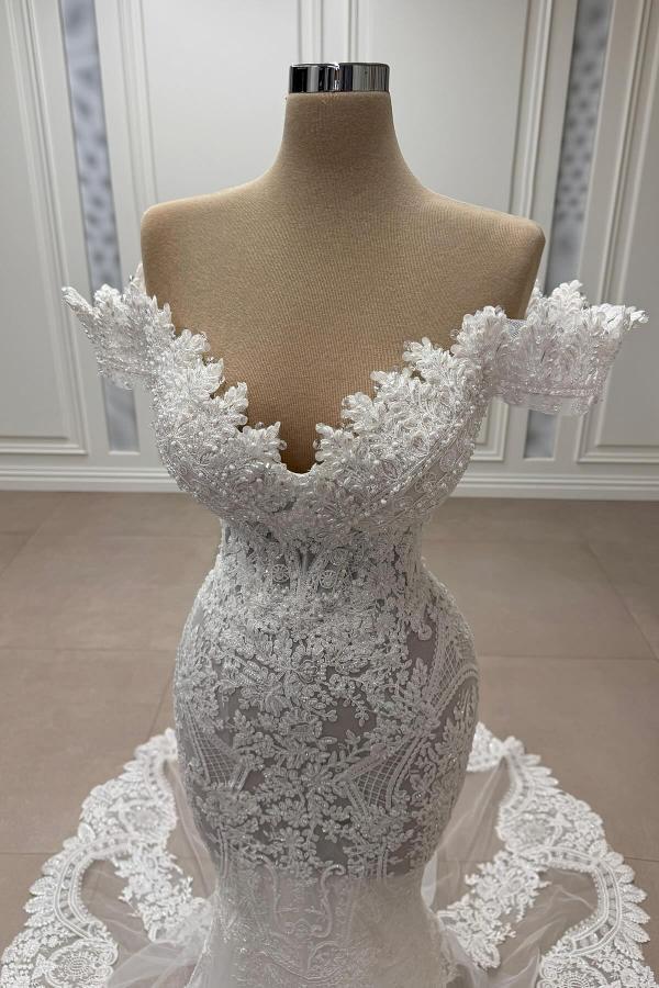 Off-the-Shoulder Floral Lace Mermaid Bridal Gown Long Wedding Dress-newarrivaldress