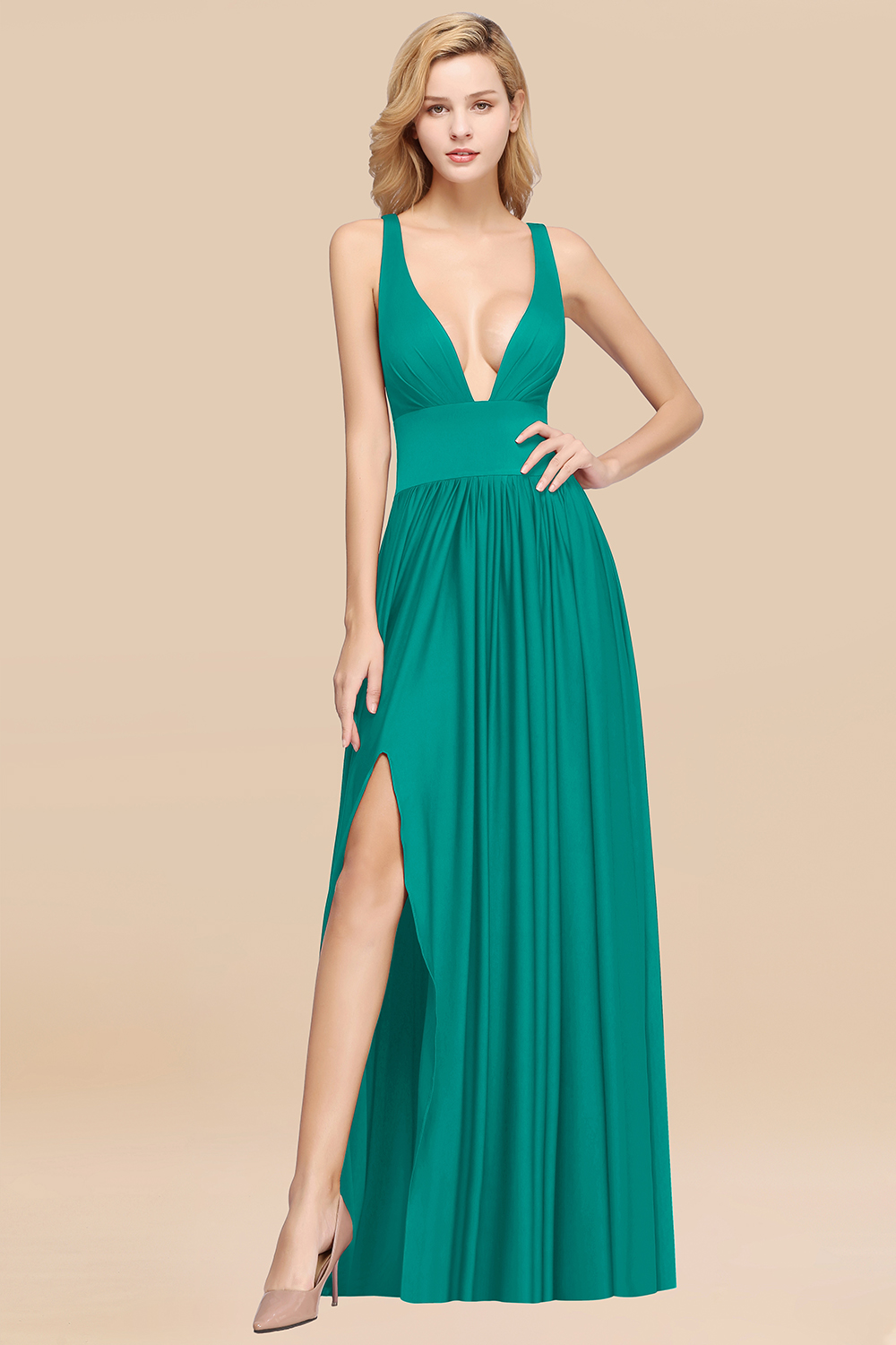 Elegant V-Neck Sleeveless Bridesmaid Dress |Aline Floor Length Bridesmaid Dress With Slit-newarrivaldress