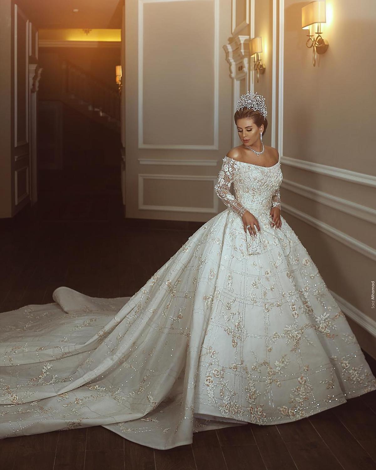 Off The Shoulder Shiny Appliques Ball Gown Wedding Dresses | Lace Long Sleeves Bridal Gowns-newarrivaldress