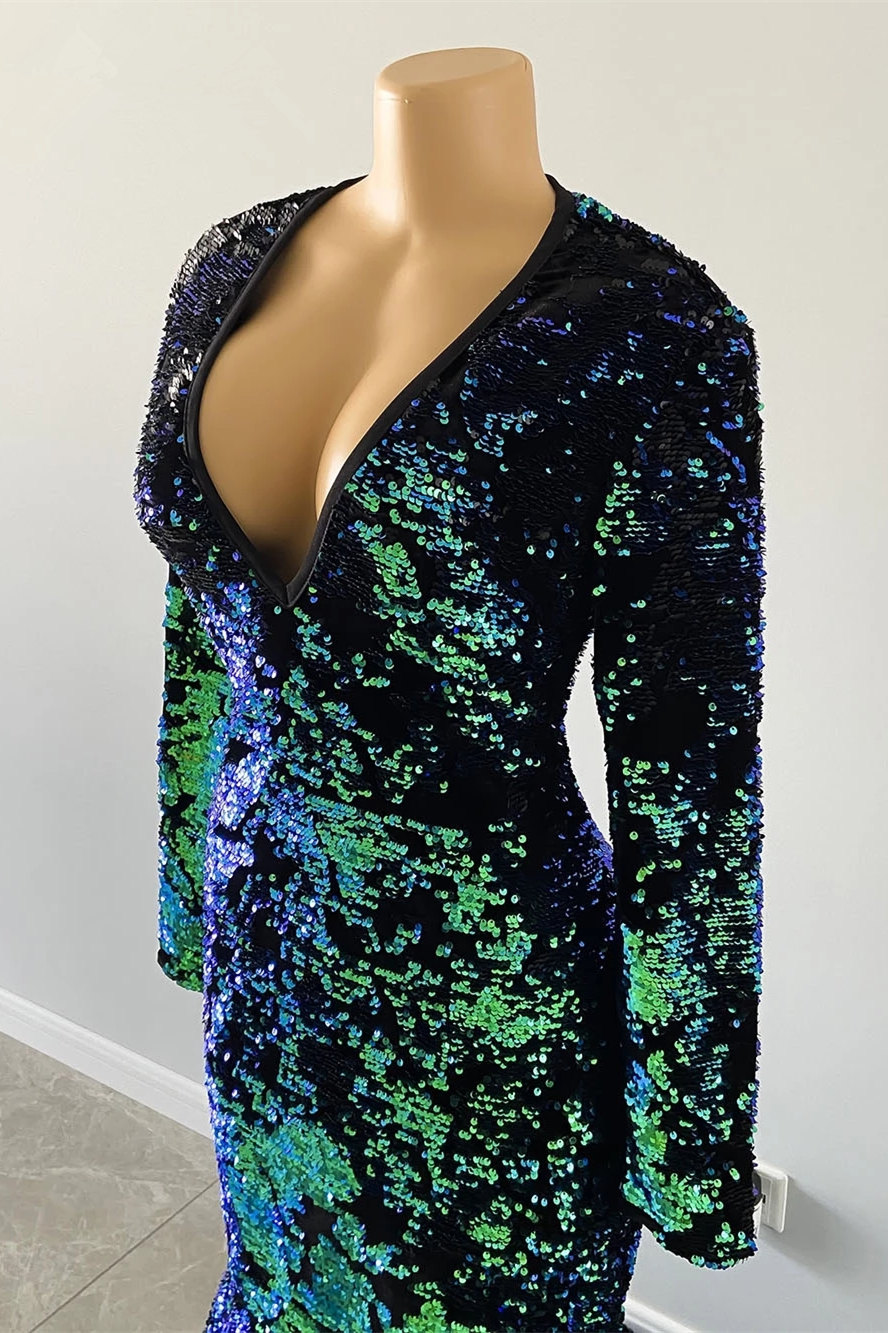 Dark Green Sequined Mermaid Prom Dres with Sleeves V-Neck Party Gown-newarrivaldress