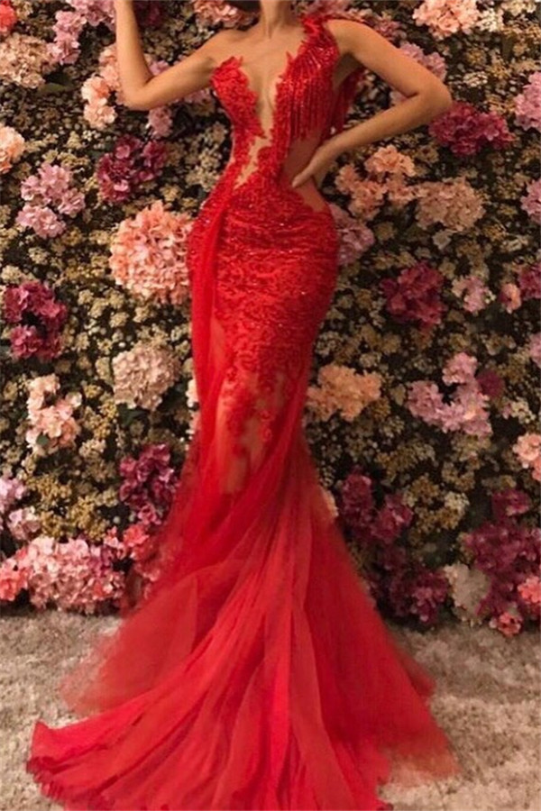 Chic One Shoulder Lace Appliques Tulle Beads Sexy Mermaid Floor-Length Prom Dresses-newarrivaldress