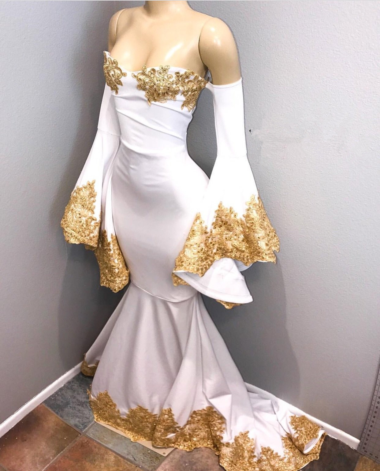 Off The Shoulder Long Sleeve Mermaid Gold Lace Prom Dresses BA8276-newarrivaldress