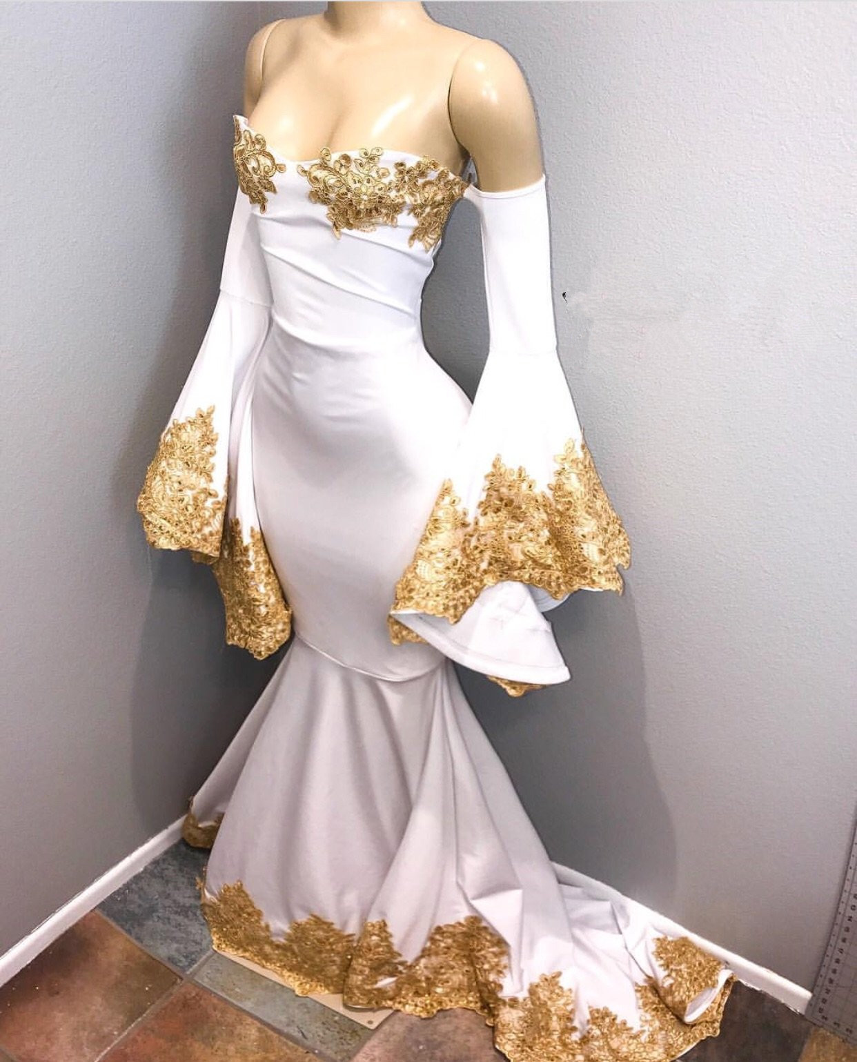 Off The Shoulder Long Sleeve Mermaid Gold Lace Prom Dresses BA8276-newarrivaldress