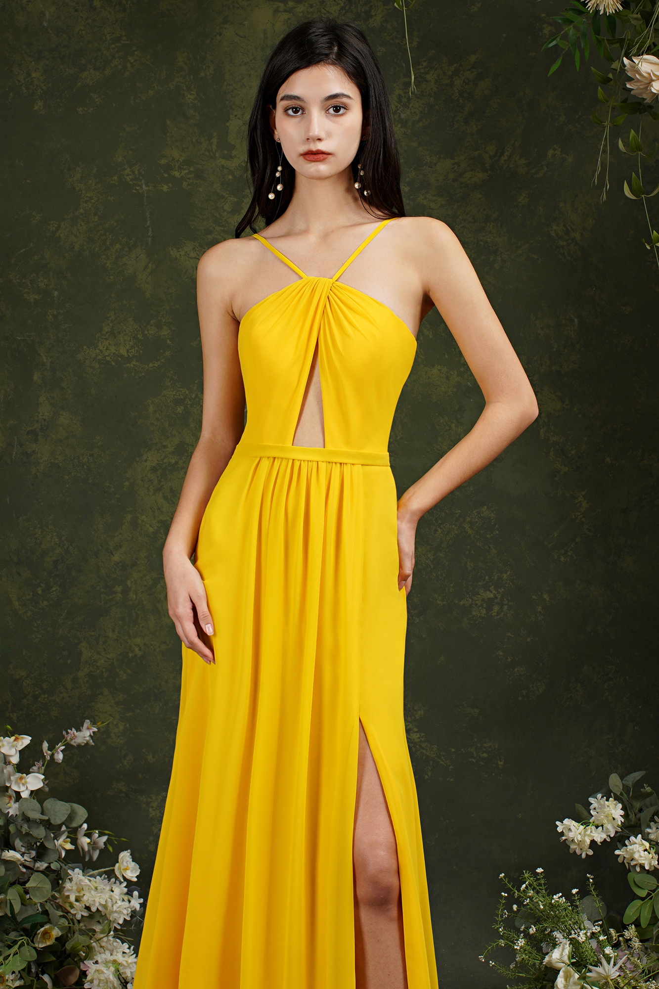 Halter Long Bridesmaid Dress Chiffon Sleeveless Side Split Wedding Party Dress-newarrivaldress