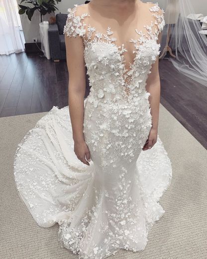 Floral Sheer Tulle Appliques Mermaid Wedding Dresses | Sleeveless Bridal Gowns With Detachable Train-newarrivaldress