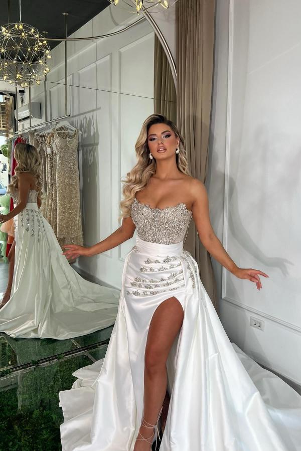 Strapless Ruffle Satin Mermaid Prom Dress with Slit Sleevless Crystals Appliques Long Evening Dress-newarrivaldress