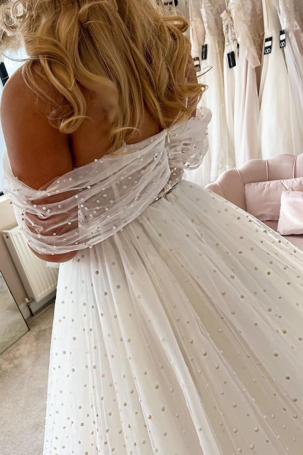 Off-the-Shoulder White Pearls Aline Wedding Dress Sweetheart Bridal Dress-newarrivaldress