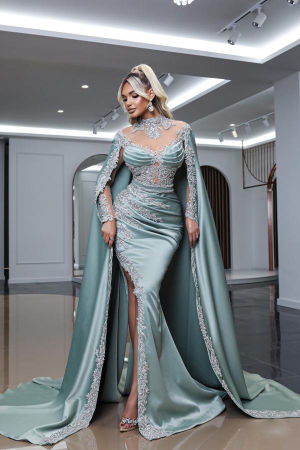 Amazing Side Split Ruched Satin Sheath Mermaid Prom Dress with Lace Appliques-newarrivaldress