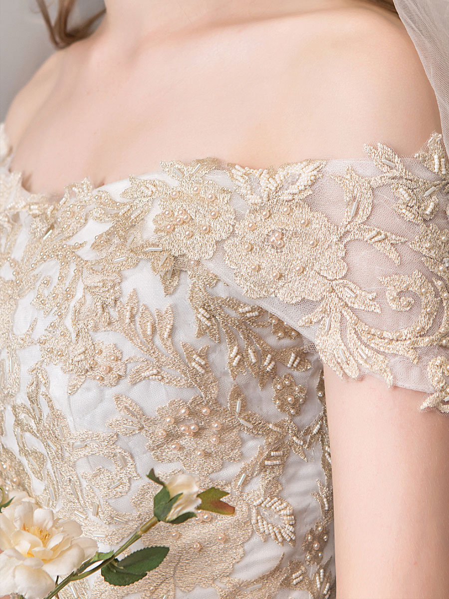 Wedding Dresses 2021 Ball Gown Off Shoulder Golden Lace Appliqued Floor Length Bridal Dress-newarrivaldress