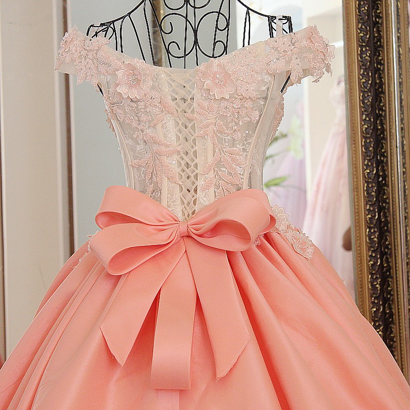 Lace Off-The-Shoulder Bow Ball Gown Sweep Train Prom Dresses-newarrivaldress