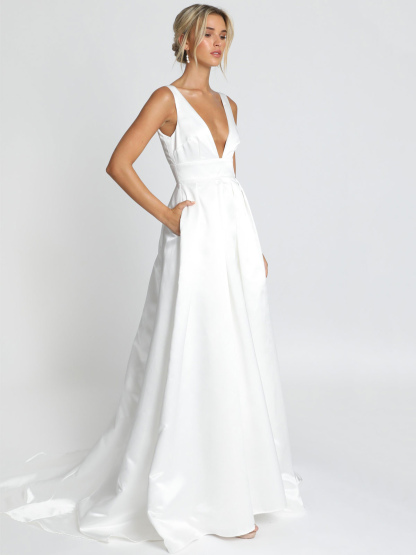 White Simple Wedding Dress Satin Fabric V-Neck Sleeveless Backless A-Line Bridal Dresses-newarrivaldress